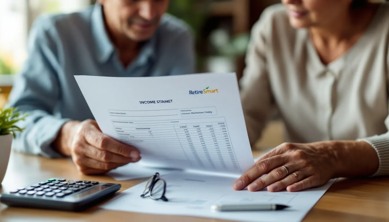 Two people review a RetireSmart income statement document at a table with a calculator and glasses