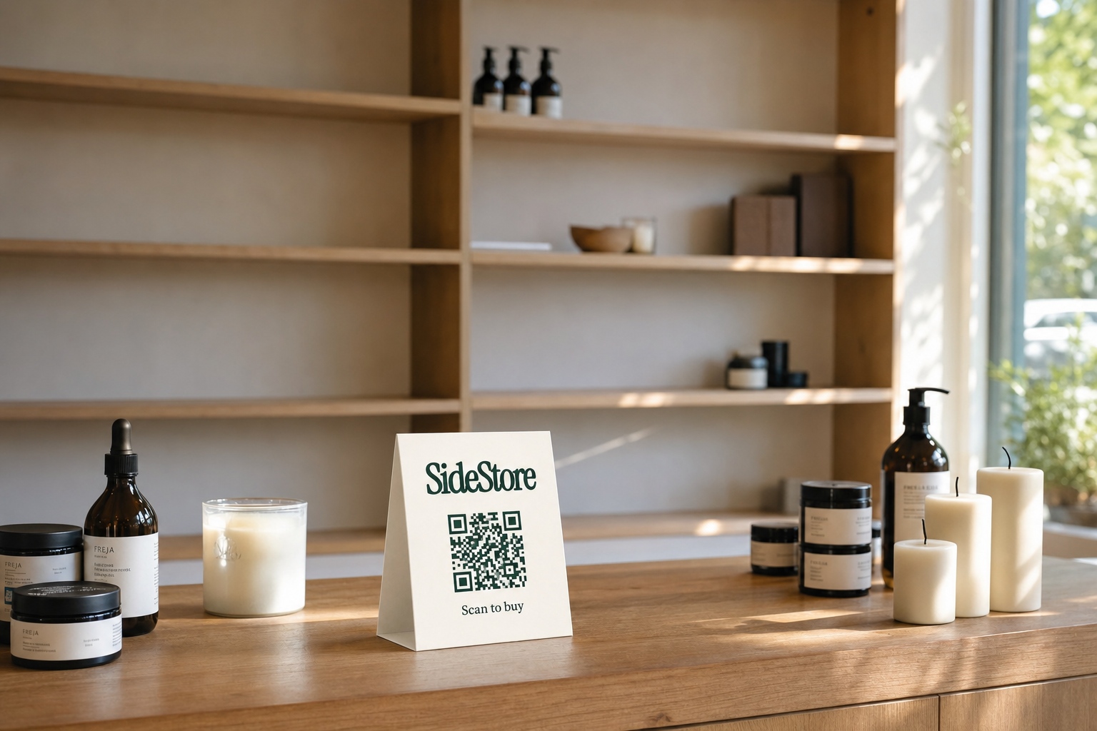 Empty boutique wellness counter with SideStore tent card and minimal products, showing unused shelf space
