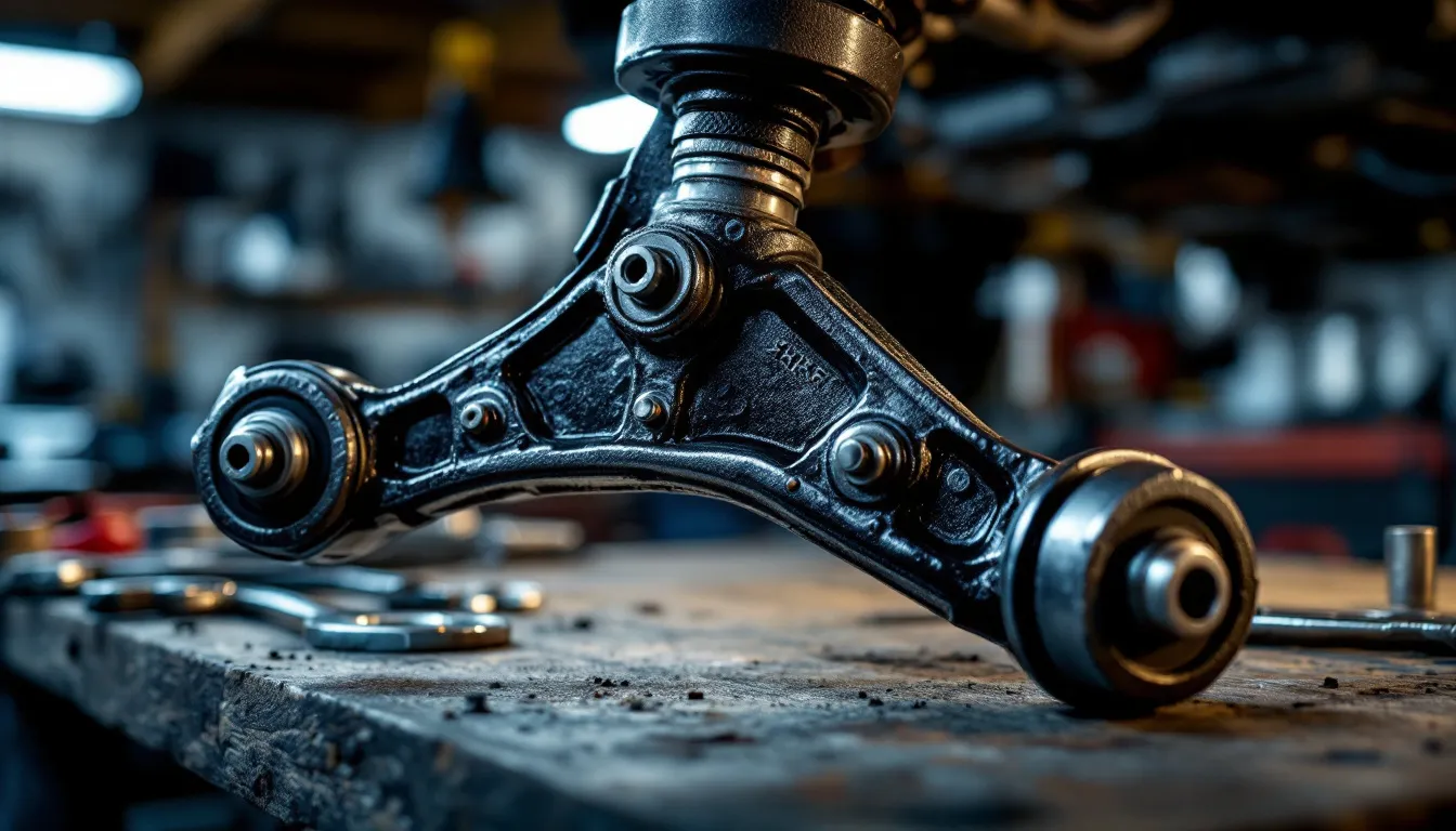 A dark metal control arm with brass-colored bushings and bolts sits on a workbench in an automotive shop