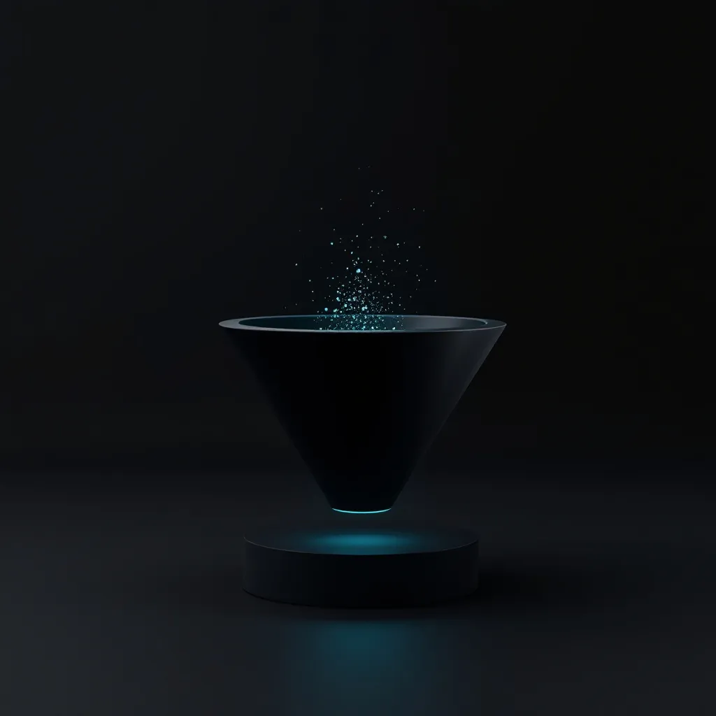 A dark cone-shaped vessel with glowing teal accents emits sparkling particles that float upward against a black background