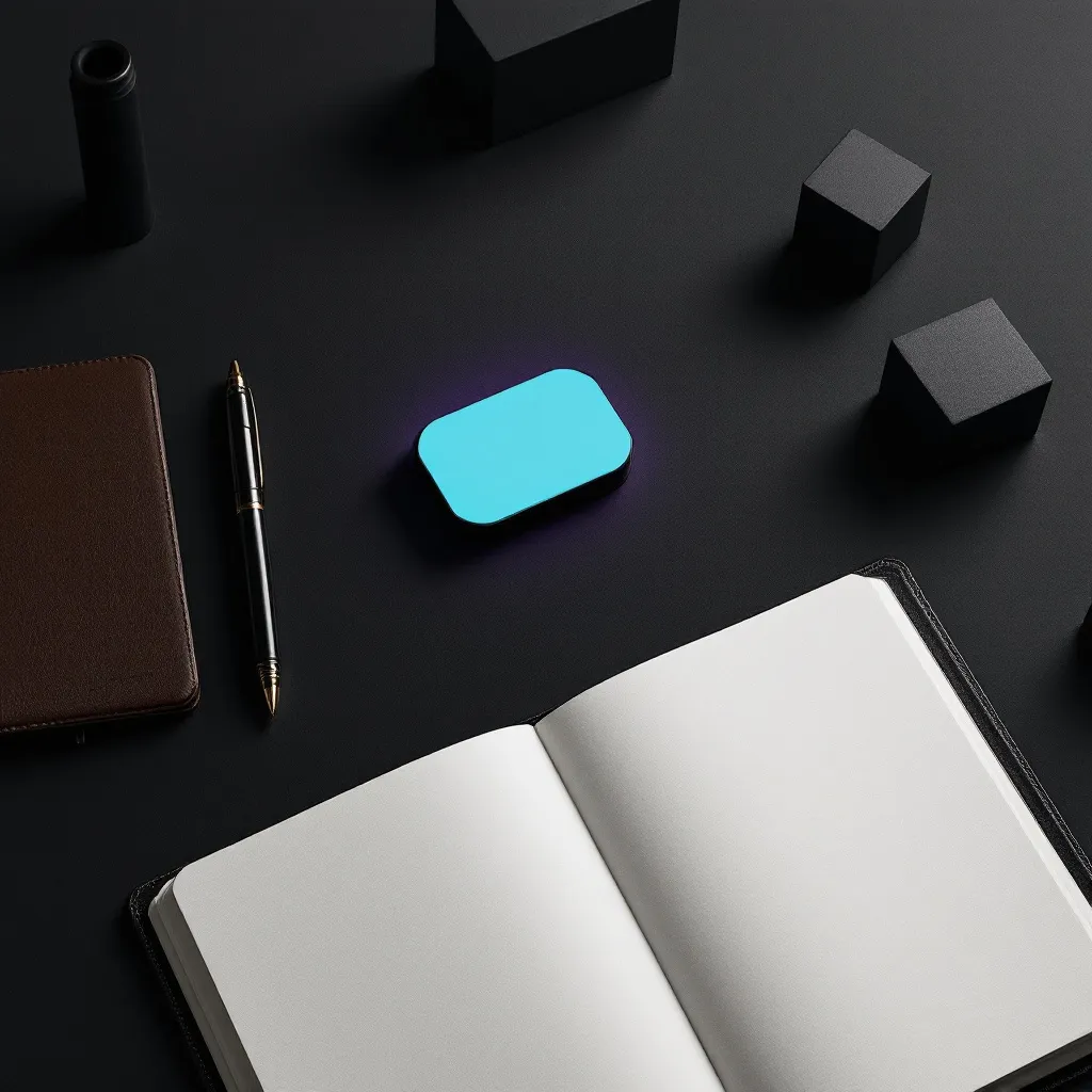 An open notebook with blank pages sits next to a brown leather journal, a black pen, a glowing cyan rounded rectangle, gray cubes, and a bla