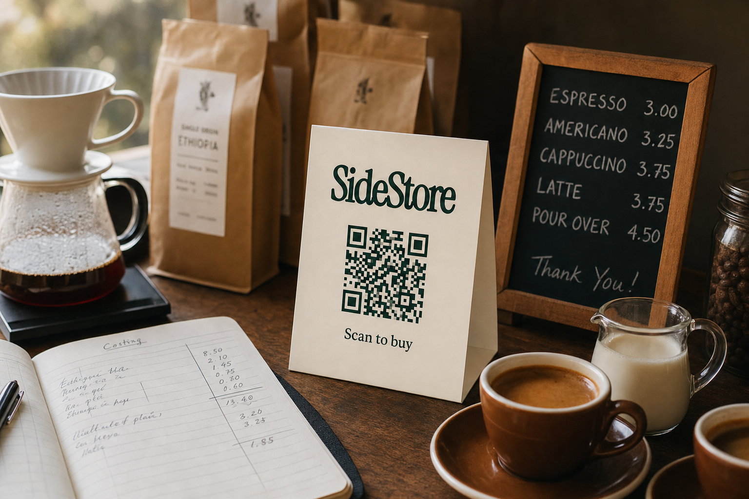SideStore tent card on coffee shop counter surrounded by coffee equipment, beans, and cost ledger showing margin breakdown