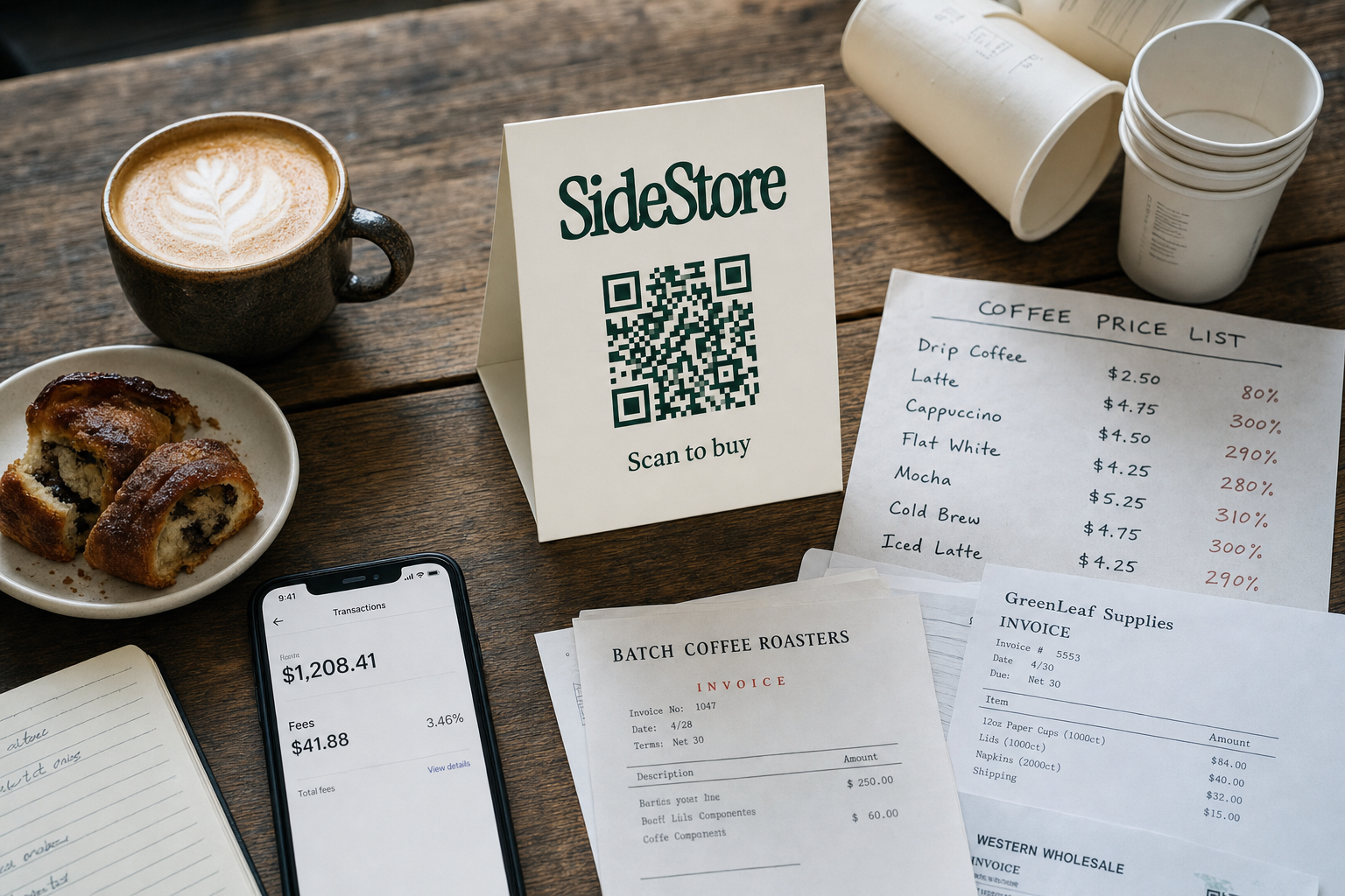 SideStore tent card surrounded by common coffee shop errors including expired inventory, inconsistent pricing, and excess waste materials