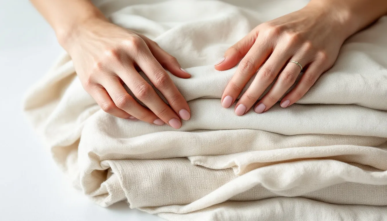 Two hands with a ring resting on a stack of folded cream and beige colored fabrics