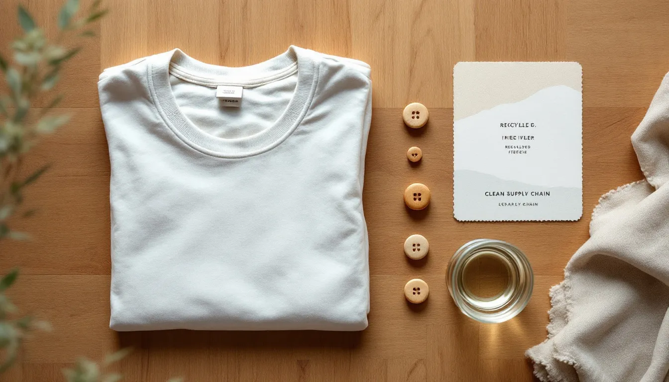 A flat lay on a wooden surface showing a folded white t-shirt, wooden buttons, a card describing recycled and clean supply chain practices,