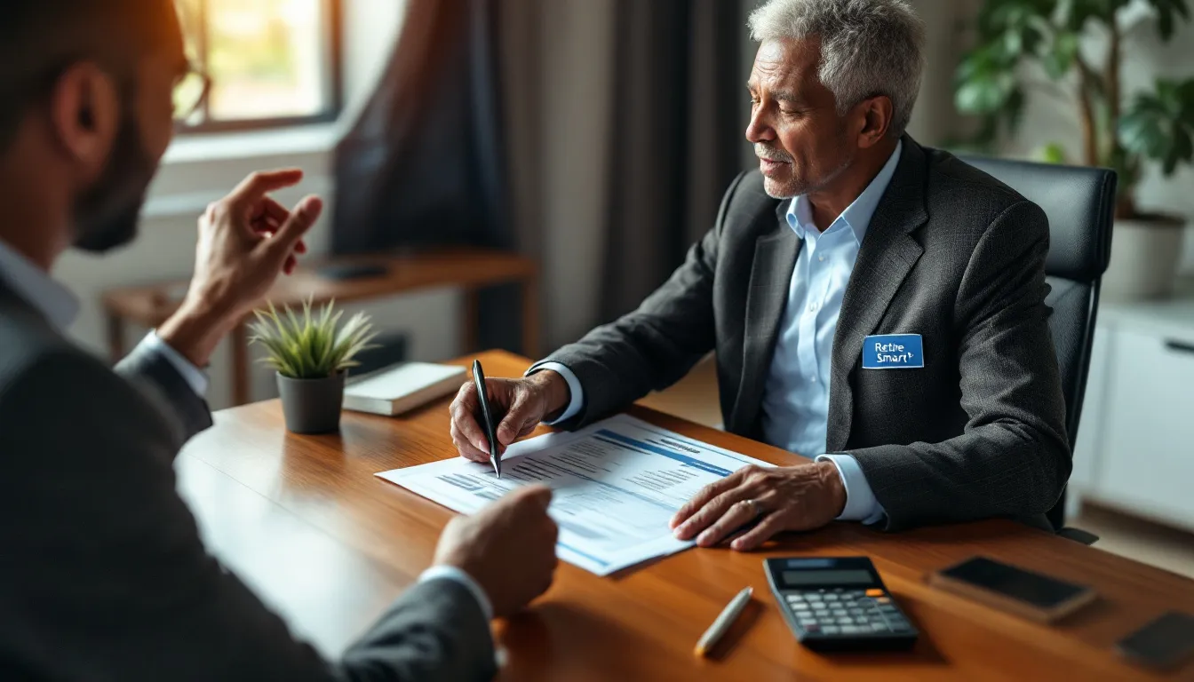 Man in dark blazer and light blue shirt sits at wooden desk pointing to document with pen, discussing provident fund claim