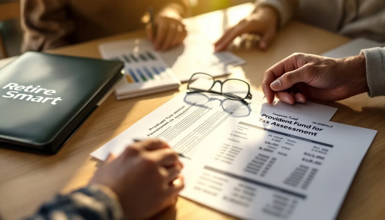 Hand rests on document labeled 'Provident Fund Tax Assessment' on wooden desk, with reading glasses and tablet showing retirement planning