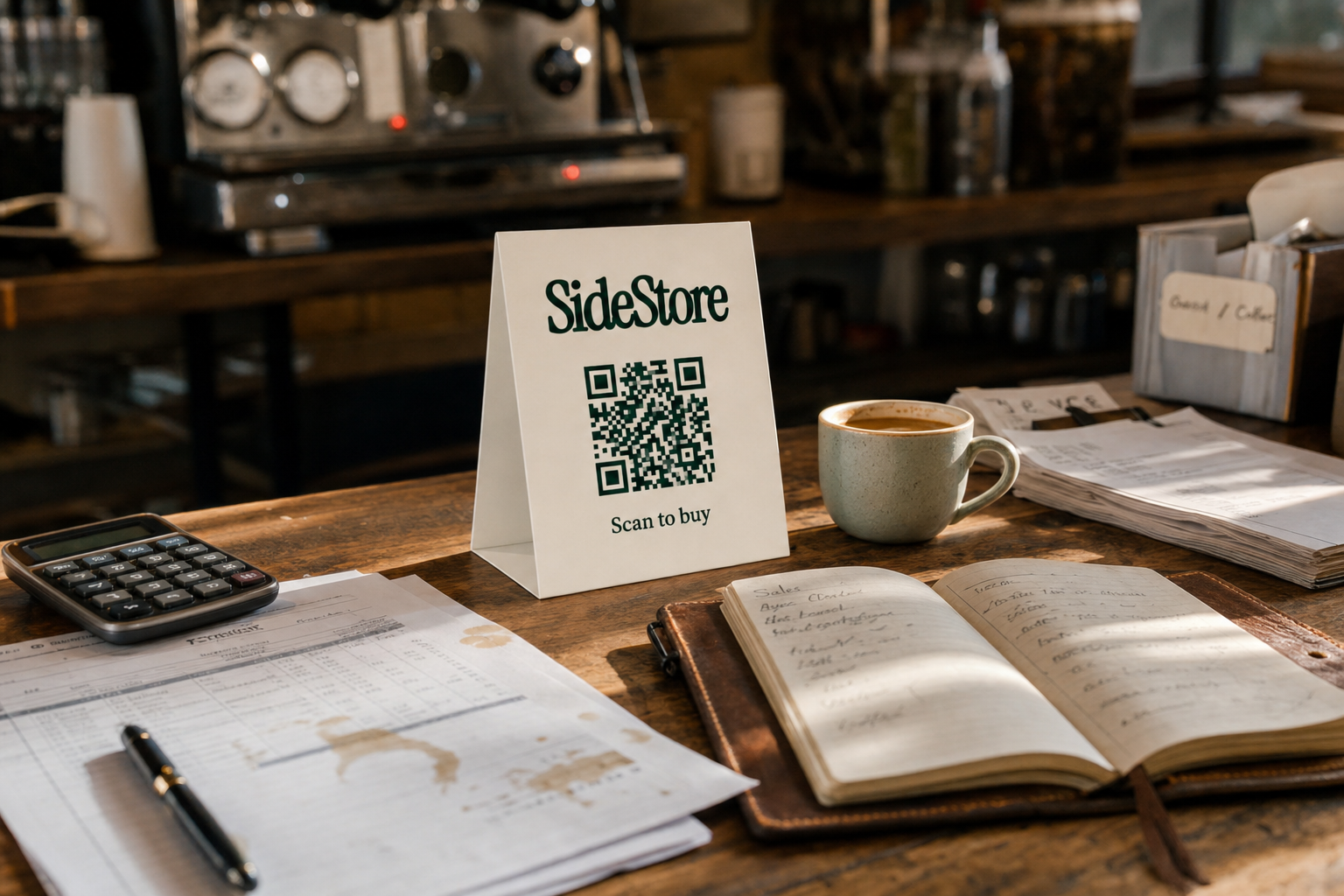 A wooden counter in a coffee shop displays a white tent card with