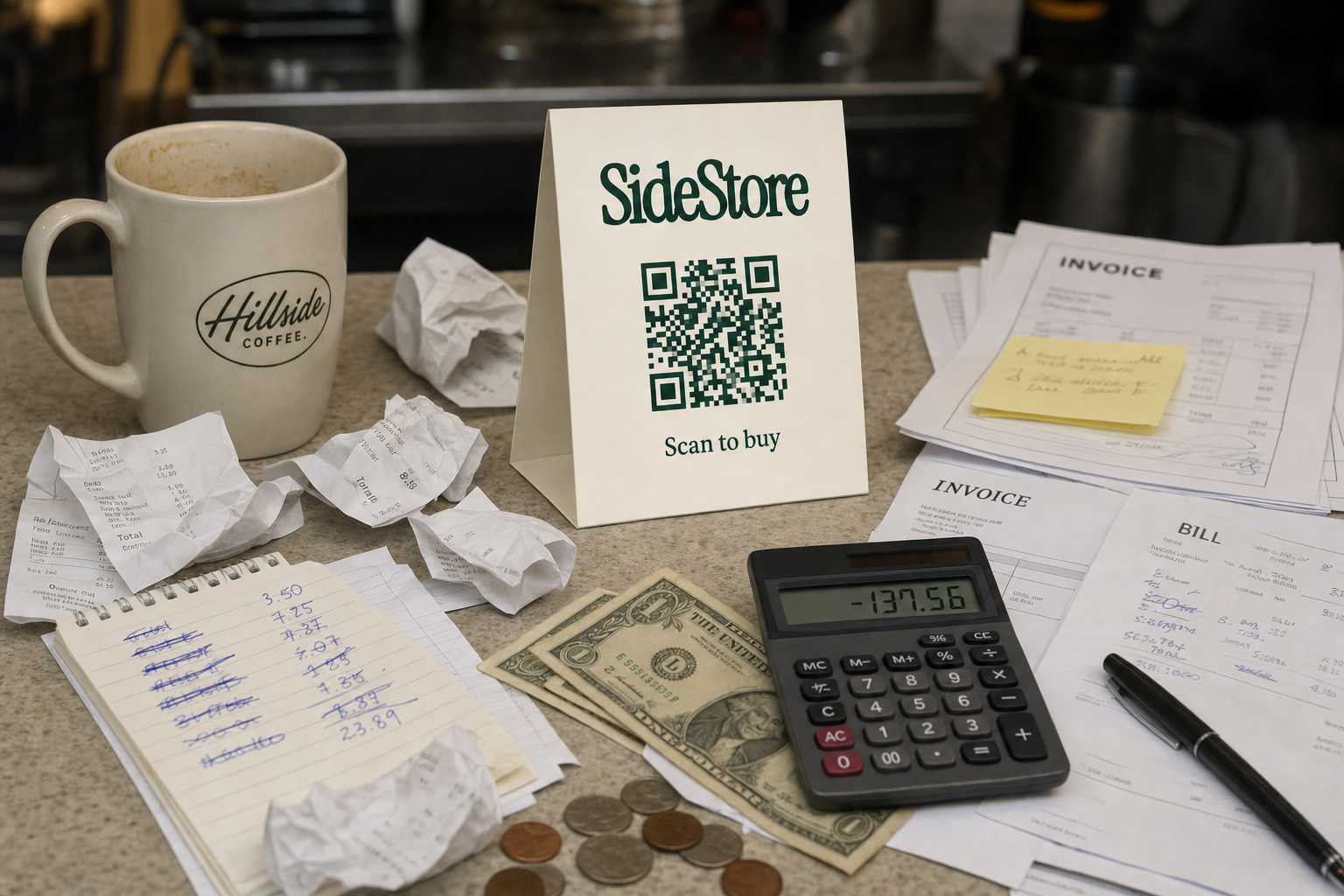 A desk displaying financial documents, receipts, a calculator showing negative numbers, cash and coins, a coffee mug labeled Hillside Coffee
