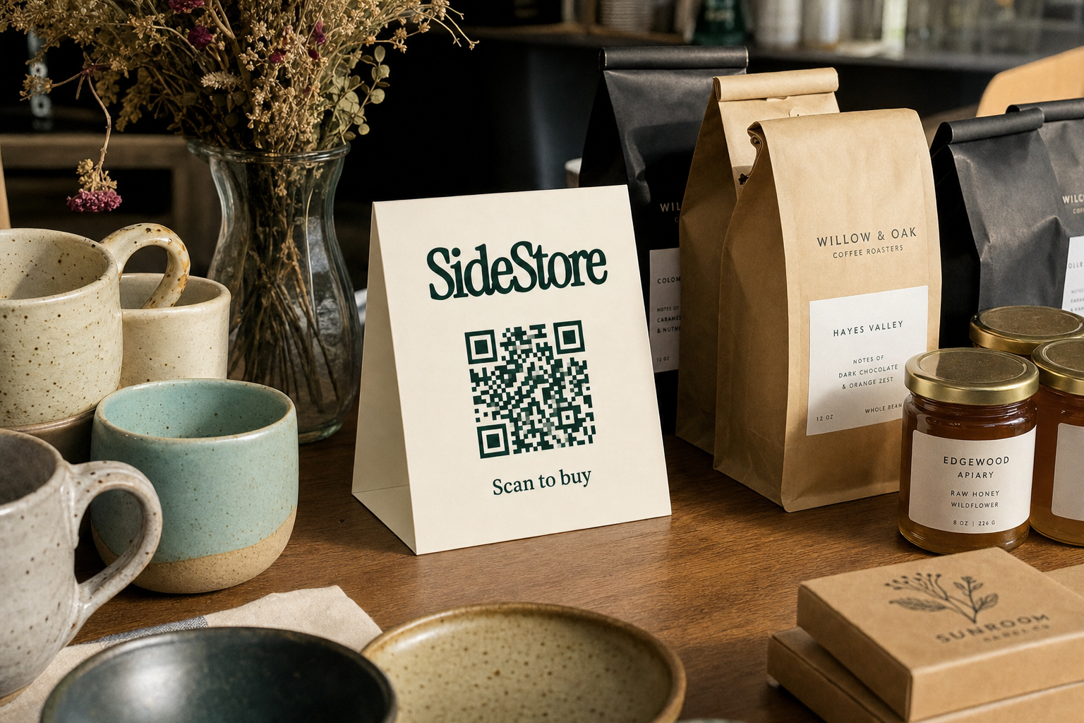 A wooden counter displays a SideStore promotional card with a QR code, ceramic mugs, dried flowers in a glass vase, kraft paper coffee bags