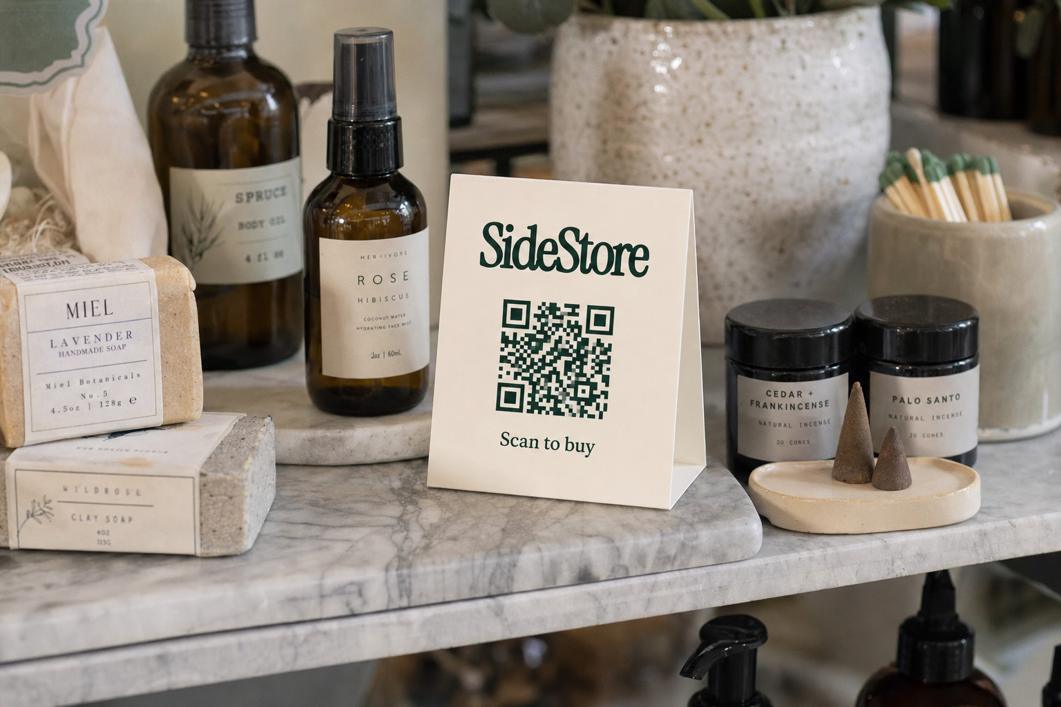 A marble countertop displays natural beauty and wellness products including handmade soaps, essential oil bottles, incense cones, and a whit