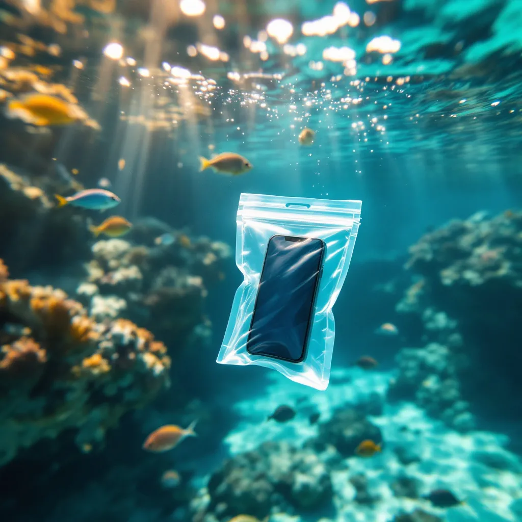 A smartphone in a clear waterproof pouch floats underwater surrounded by coral, fish, and sunlight filtering from above