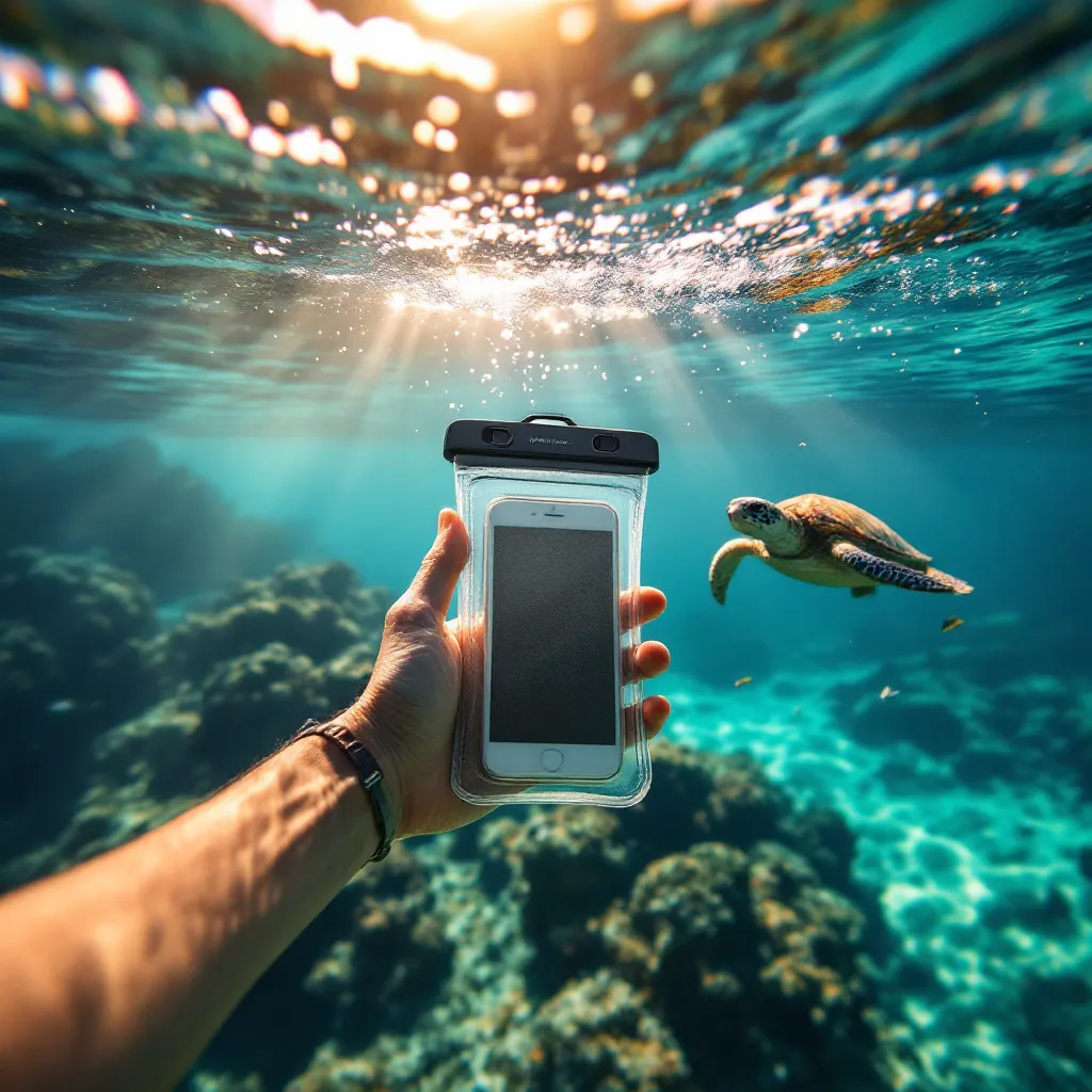 A hand holds a waterproof phone pouch containing a smartphone underwater, with a sea turtle swimming nearby and coral reef visible below