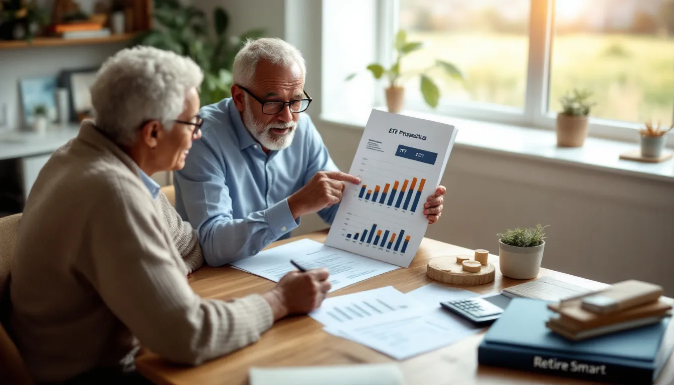 Two people reviewing an ETF Projections document with bar charts at a wooden desk near a bright window, with financial papers and a calculat