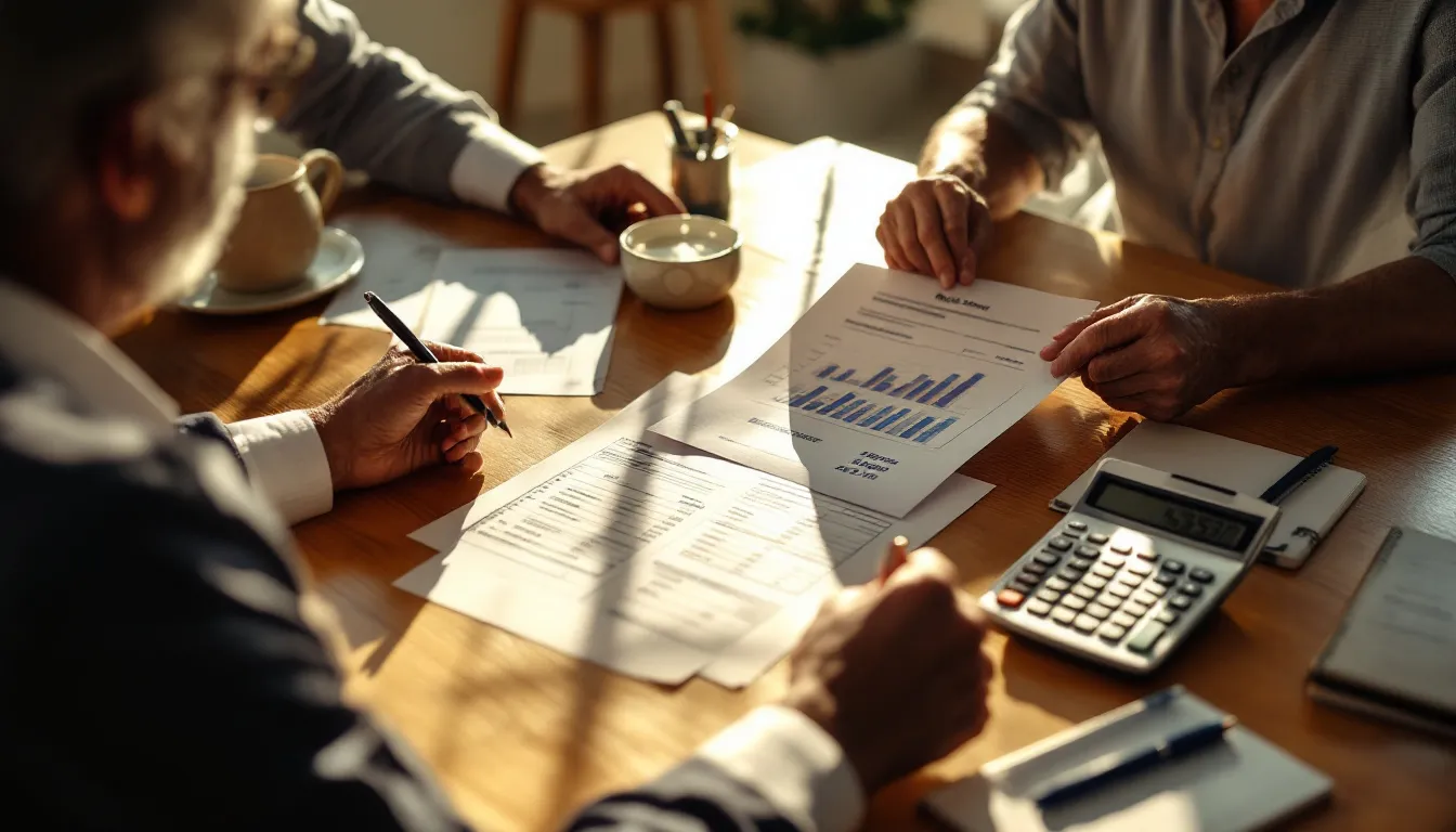 Multiple people review financial documents and charts at a wooden table with a calculator and coffee cup in natural sunlight