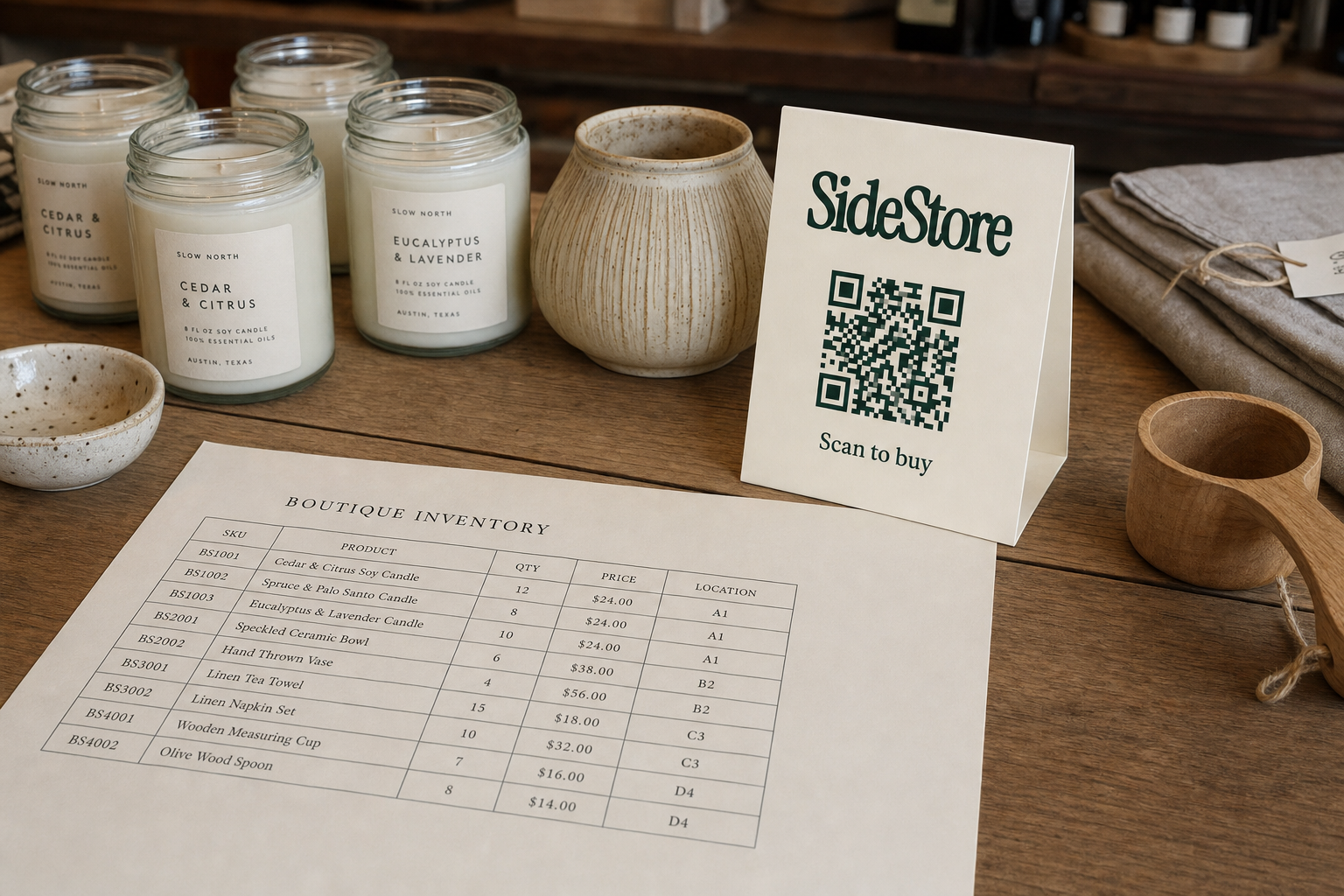 A wooden table displays scented candles, ceramic bowls, wooden cups, and a printed inventory sheet listing products with SKUs, quantities, a