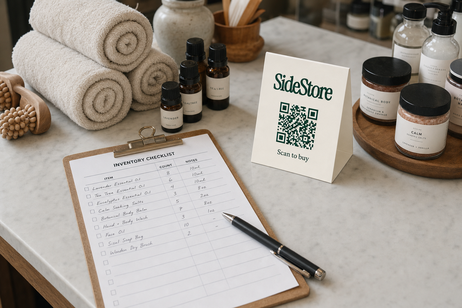 A marble countertop displays rolled beige towels, essential oil bottles, wooden brushes, jars of body products, and a clipboard with a handw
