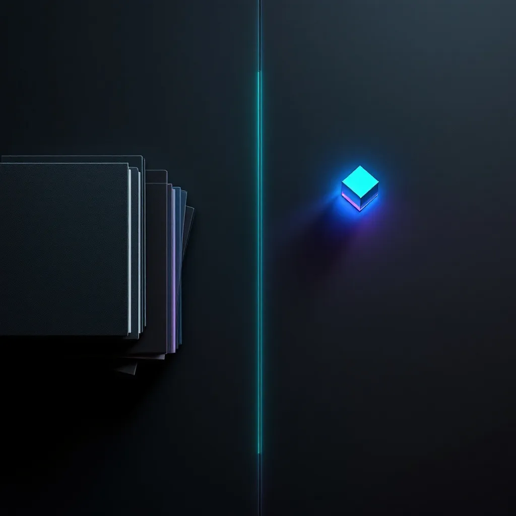 A glowing cyan cube floats on the right side of a dark background, separated by a vertical line of light from stacked translucent rectangles