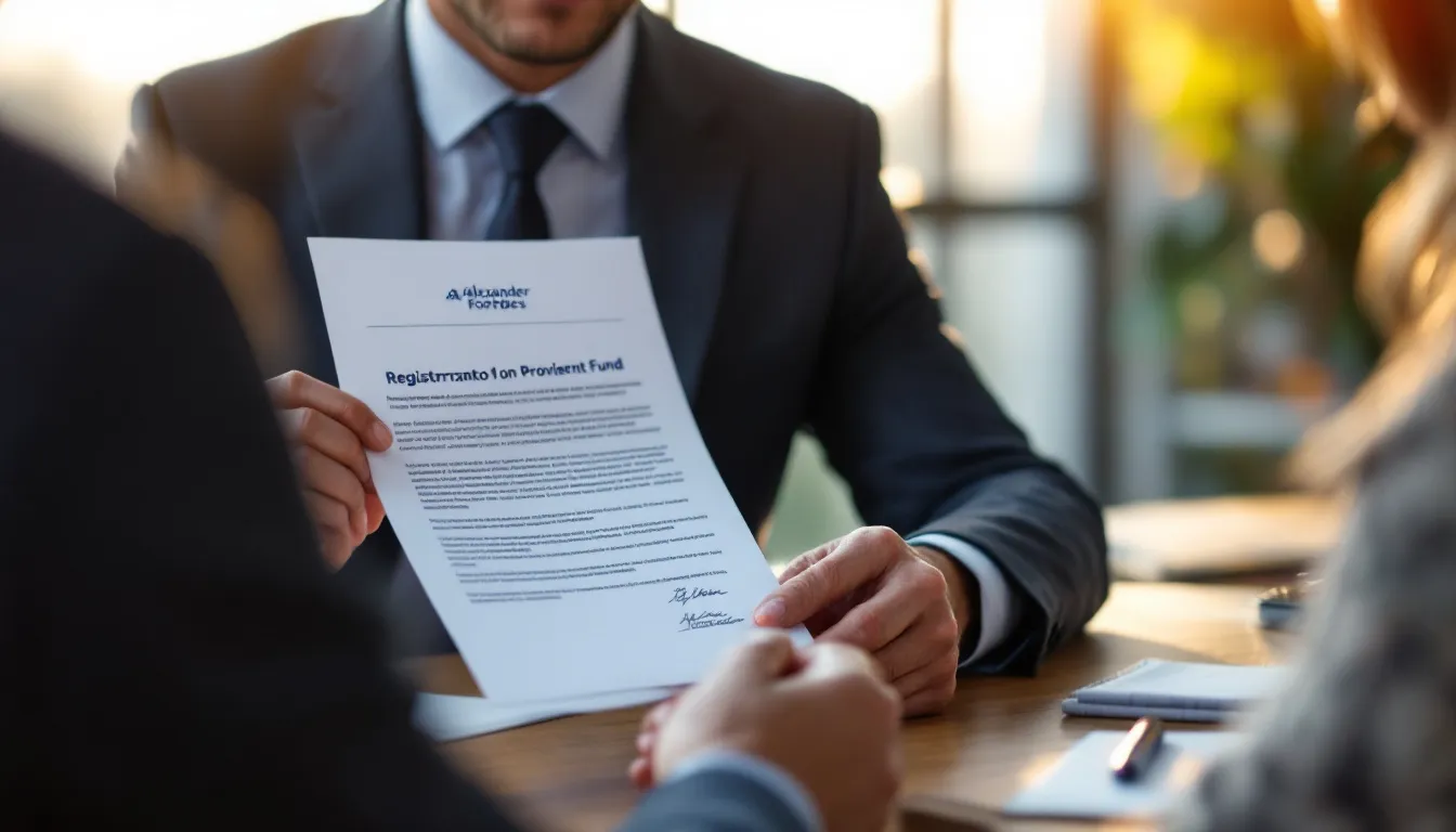 A man in a dark suit and light blue shirt holds a signed document labeled Registration on Provident Fund across a wooden table