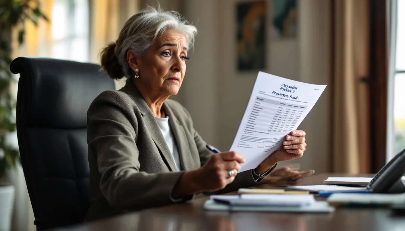 A woman with gray hair wearing a beige blazer sits at a desk reviewing a printed financial statement while working at a laptop