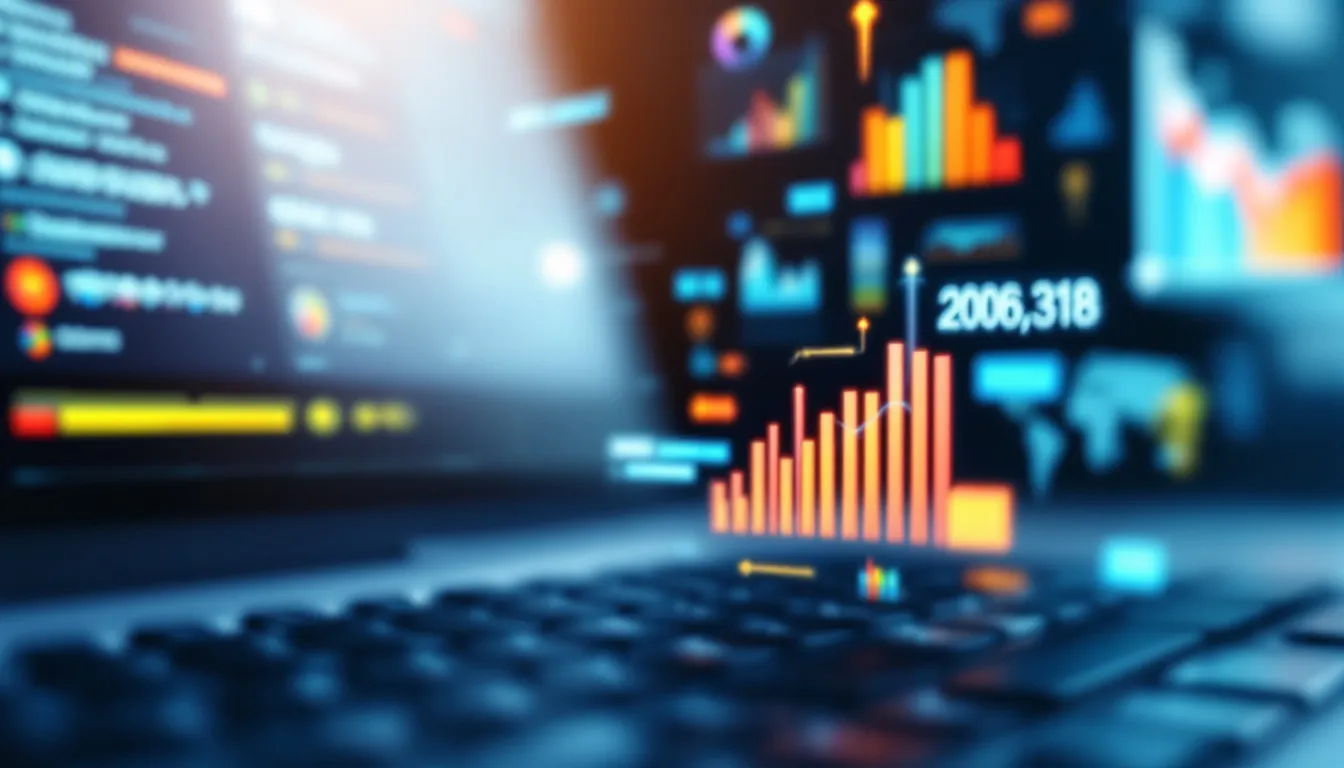 Computer monitor showing search engine results ranking with data visualization charts