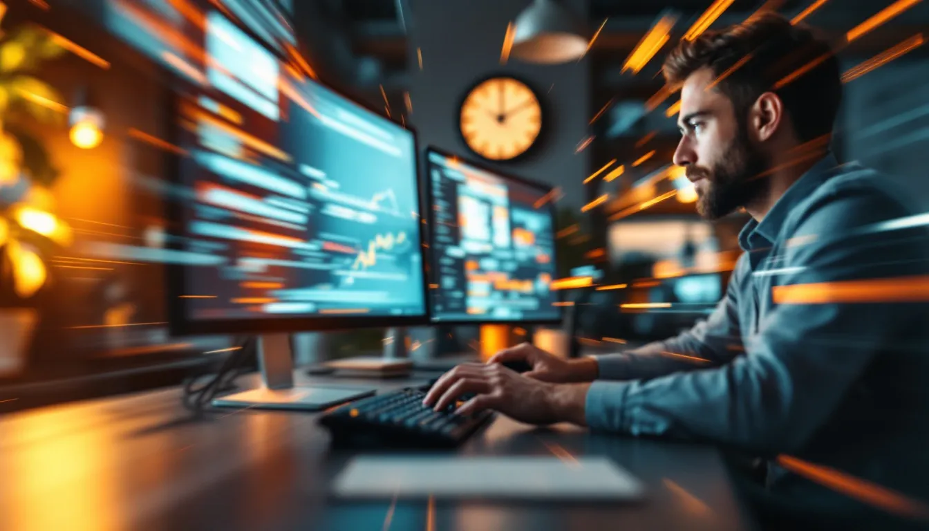Professional working quickly at computer with time-sensitive SEO strategy elements