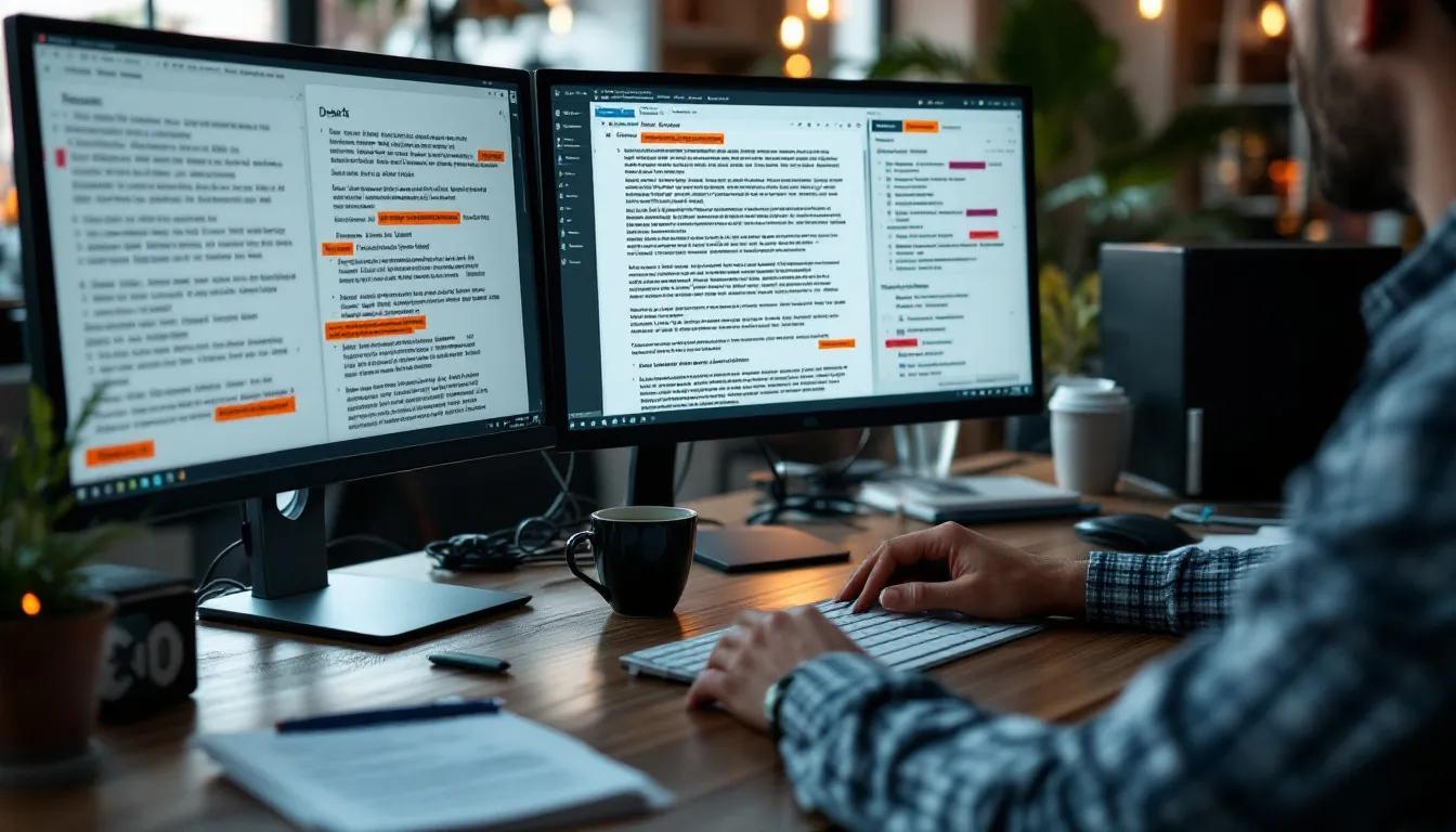 Professional workspace with multiple monitors showing research, drafting, and publishing stages of content creation workflow