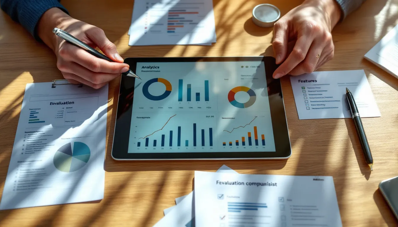 Business evaluation workspace showing analytics, comparison spreadsheets, checklists and performance metrics for platform assessment