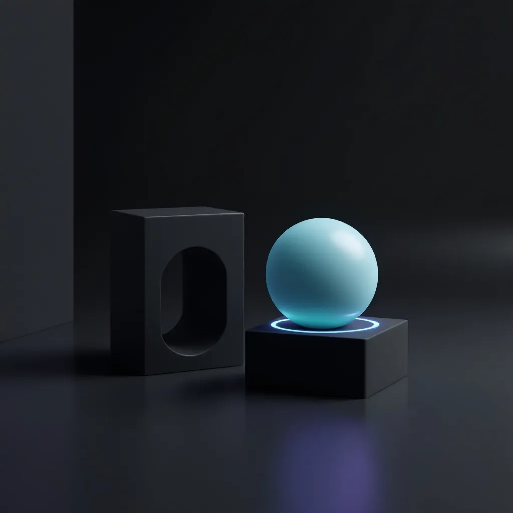 A glowing turquoise sphere sits on a dark platform with a blue ring beneath it, positioned next to a dark cubic structure with an arched opening