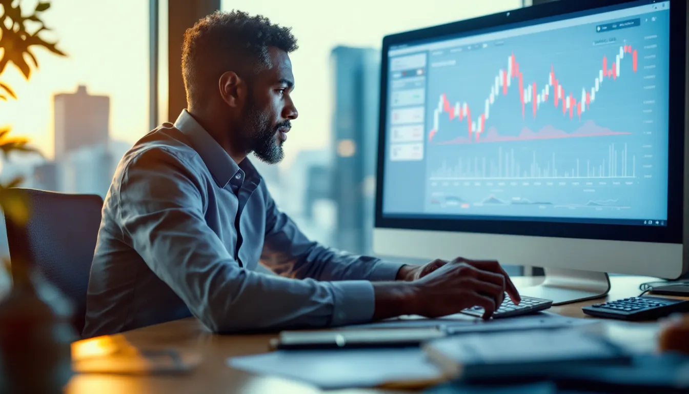 A financial advisor reviews interest rate forecasts and economic data at a desk, representing expert analysis and measured retirement planning advice for South Africans in 2024.