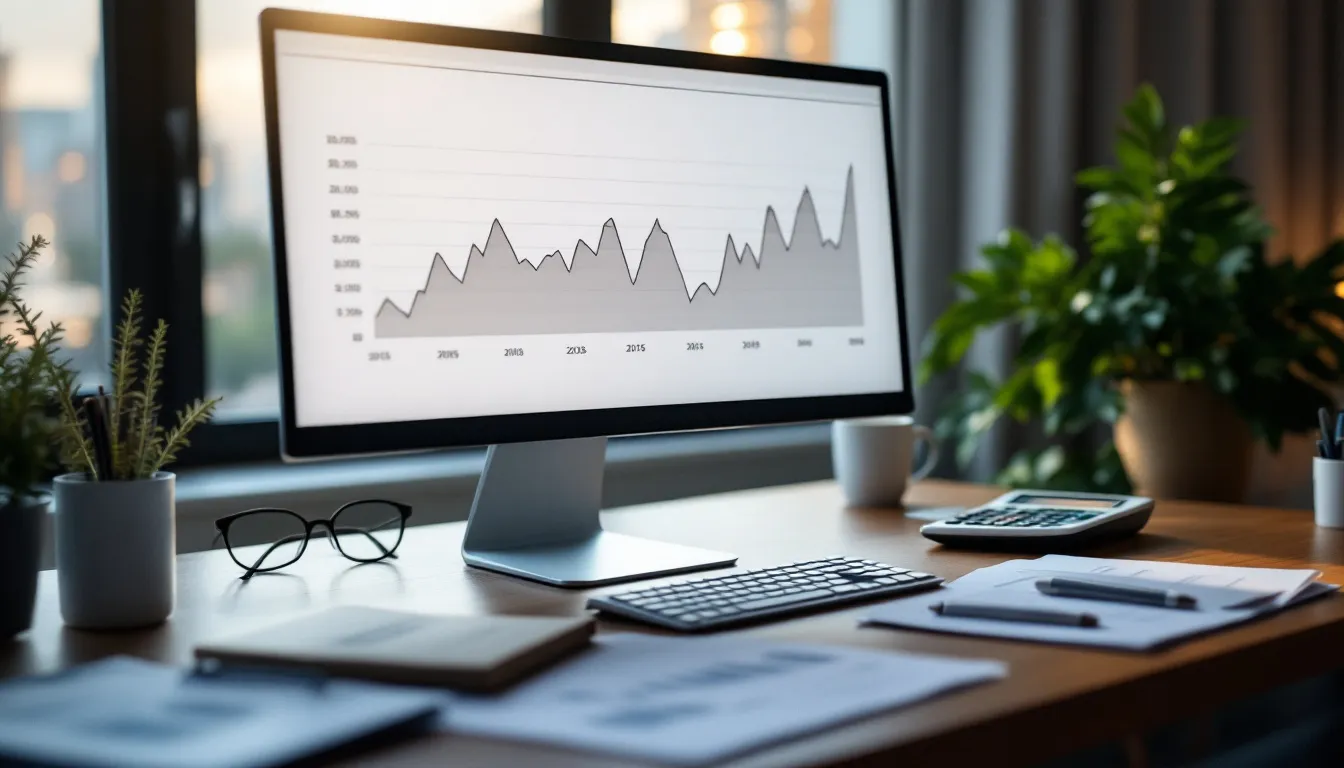 A financial planner's workspace showing 2025 interest rate analysis with graphs, documents, and calculator in natural light, representing thoughtful retirement planning preparation for South African investors