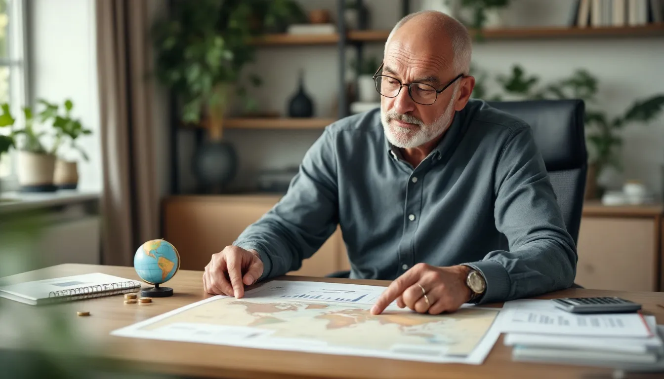South African investor reviewing offshore investment portfolio documents and world map at a desk, with rand coins and a globe paperweight