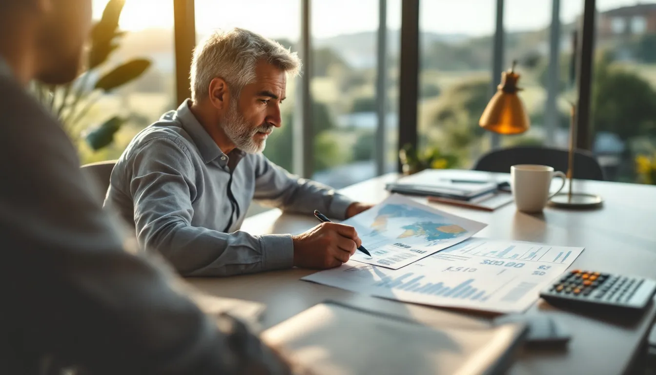 South African investor reviewing offshore investment documents and a world map at a modern desk, planning global portfolio diversification