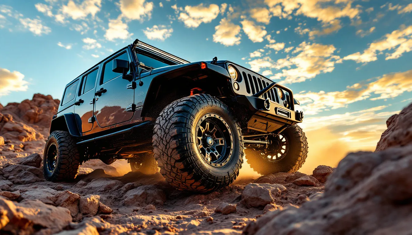 2014 Jeep Wrangler JKU fitted with gloss-black 17-inch aftermarket wheels and all-terrain tyres on a rocky off-road trail