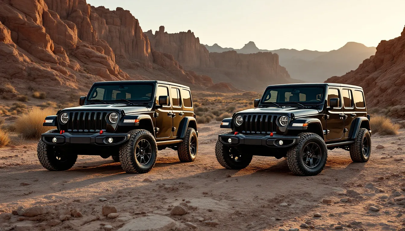 Jeep JK 2-door vs JK Unlimited 4-door parked side by side on a rocky trail showing wheelbase and body length difference