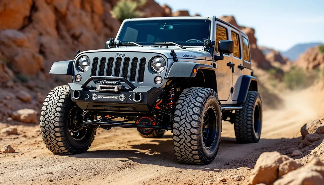 Lifted Jeep Wrangler JK with 33-inch all-terrain tires showing proper fitment and clearance on dirt trail