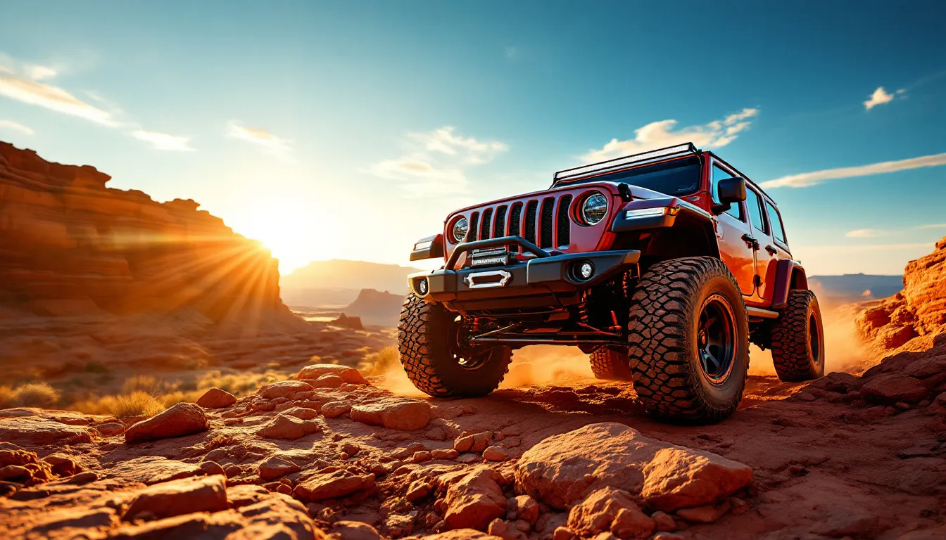 Jeep JK Wrangler 4-door on red rock trail with 33-inch mud-terrain tires at golden hour showing front axle and suspension detail