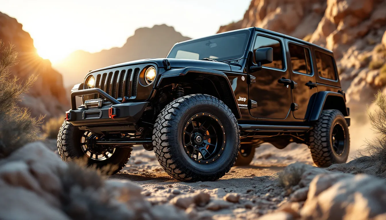 Black Jeep JK Wrangler with 33-inch all-terrain tires on rocky trail showing lifted stance and aggressive tread pattern