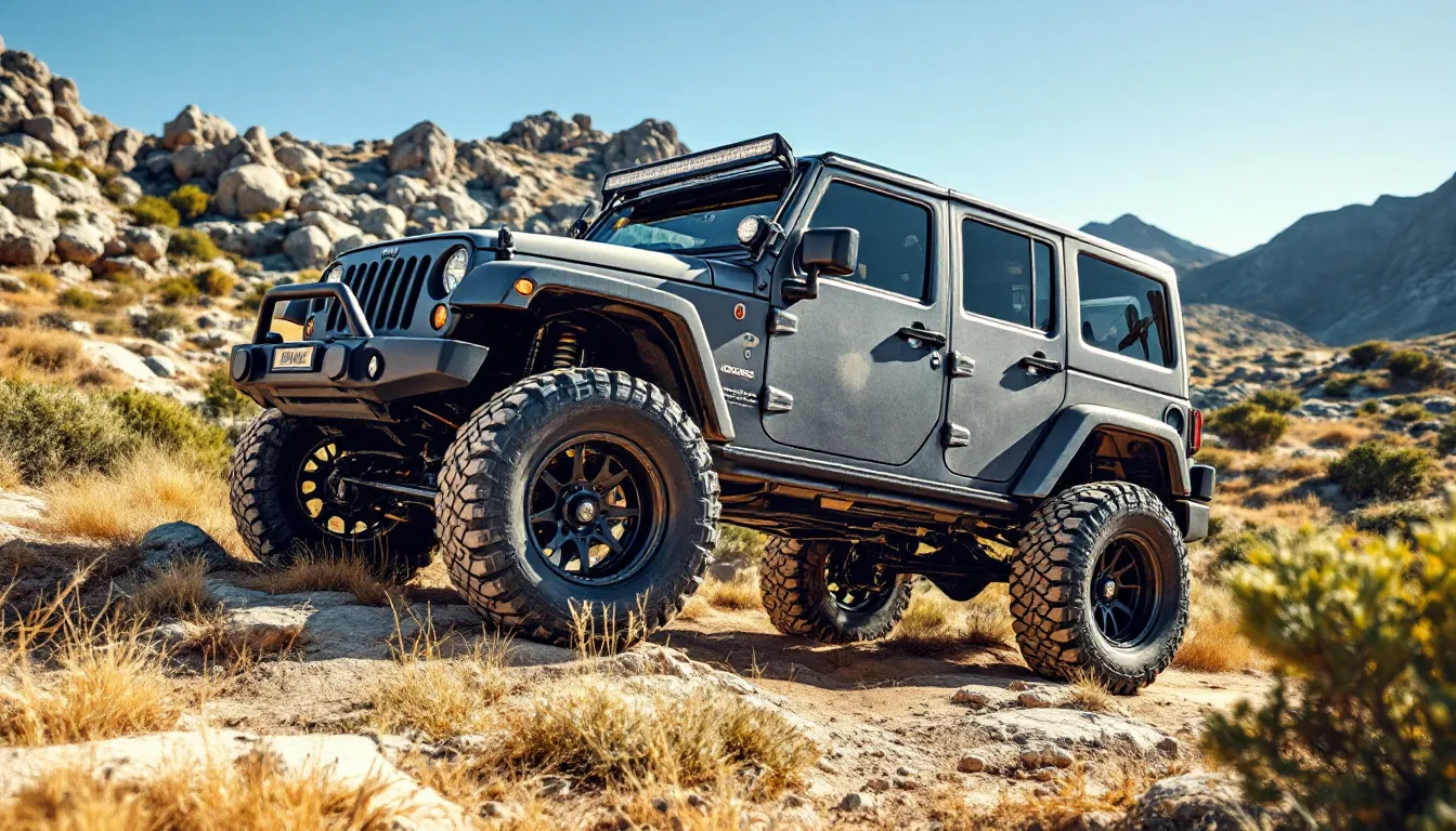 2014 Jeep Wrangler JKU on 35-inch all-terrain tires with a lift kit on a dirt trail in a rugged South African landscape showing suspension clearance