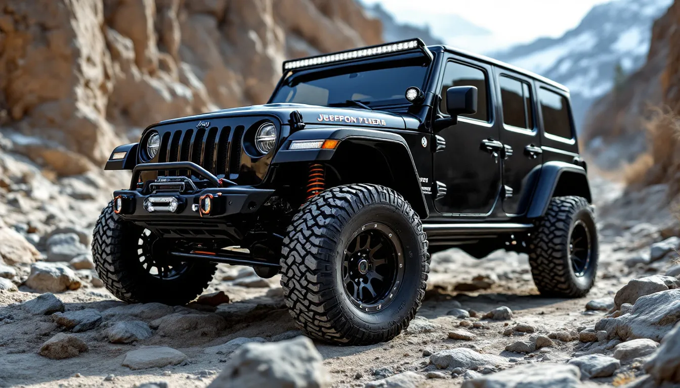 Jeep JK Wrangler with 35-inch mud terrain tires and lift kit on rocky trail showing proper wheel fitment and suspension setup
