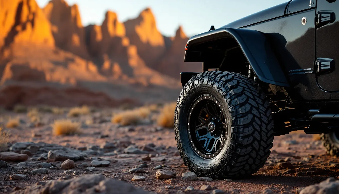 Jeep JK Wrangler with 35-inch all-terrain tires and lifted suspension on rocky terrain
