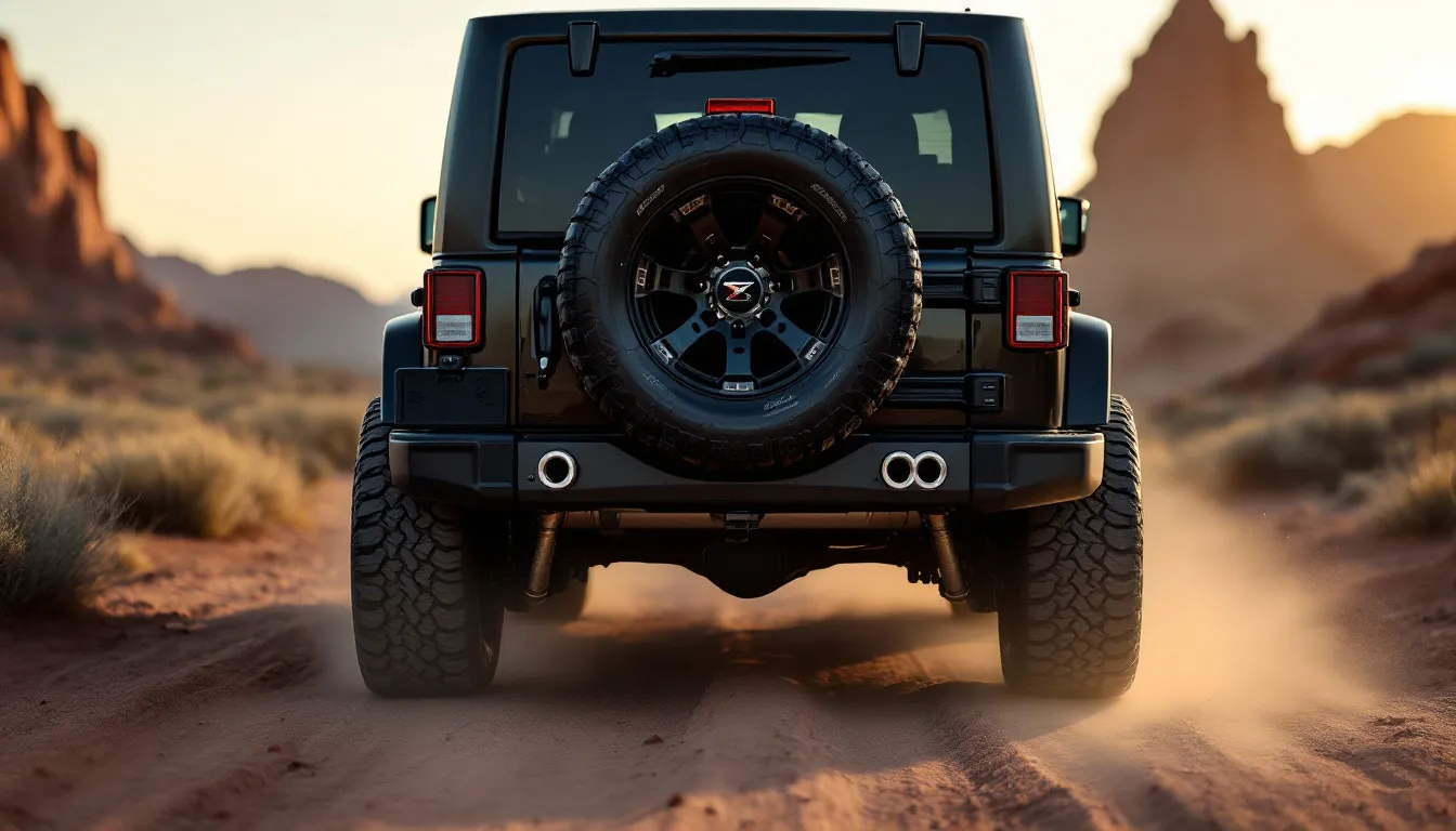 Jeep JK Wrangler with aftermarket exhaust system showing polished dual tips on desert trail during golden hour
