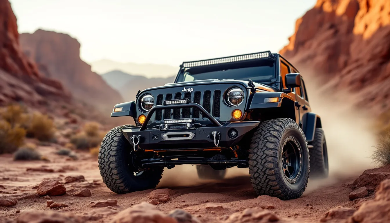 Jeep JK Wrangler with heavy-duty steel front bumper featuring winch plate and LED lights on rocky off-road trail