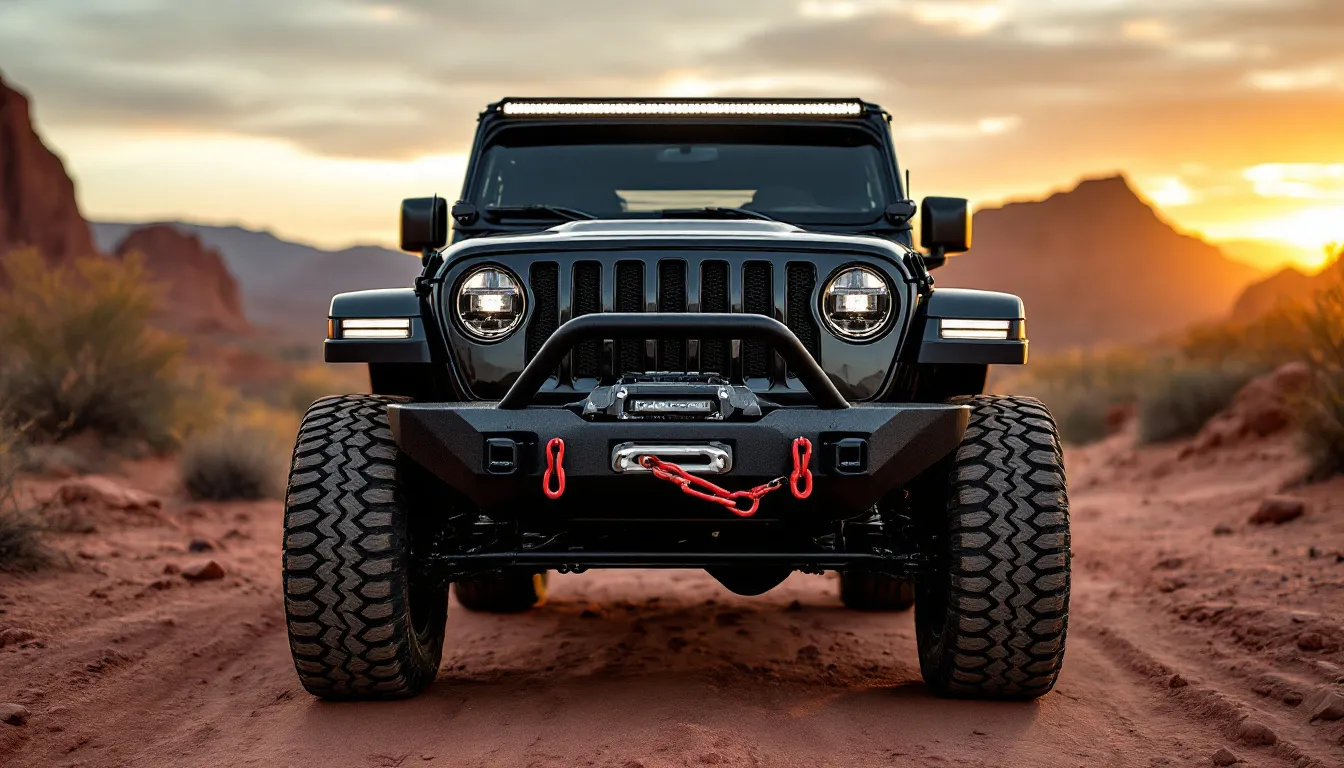 Jeep JK Wrangler with aftermarket steel front bumper and winch mount on desert trail at sunset