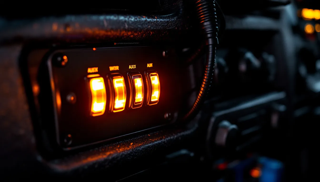 Illuminated auxiliary switch panel on a Jeep JK Wrangler dashboard with wiring harness visible during installation