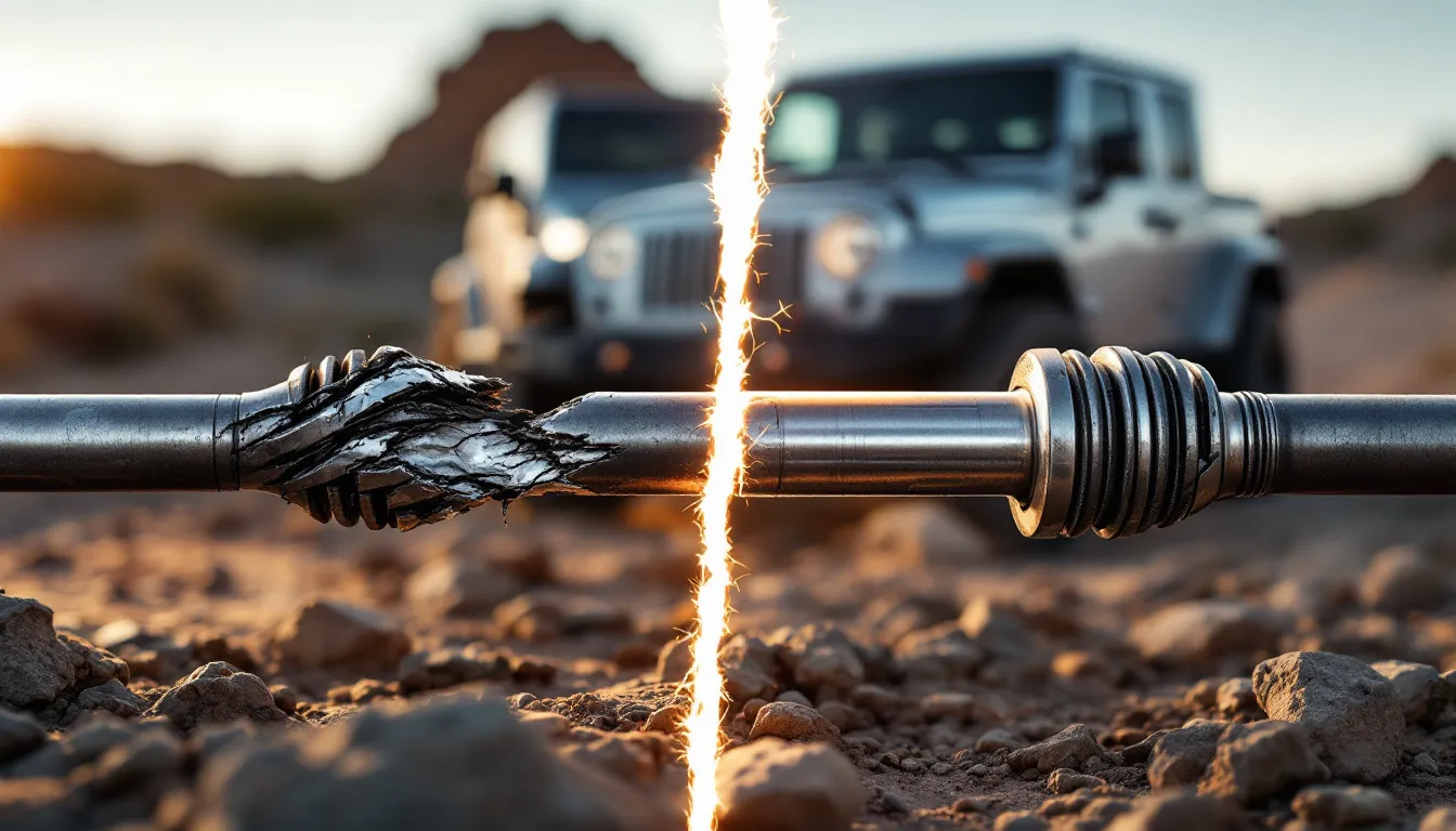 Comparison of broken stock Jeep JK axle shaft versus heavy-duty chromoly upgraded axle shaft with Jeep Wrangler on rocky trail in background