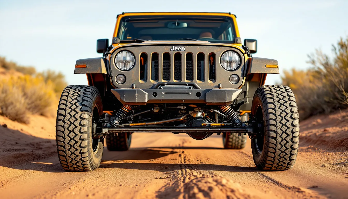 Used Jeep JK Wrangler 4-door JKU on a dirt trail showing lifted suspension, all-terrain tires, and undercarriage detail for a buyers guide inspection