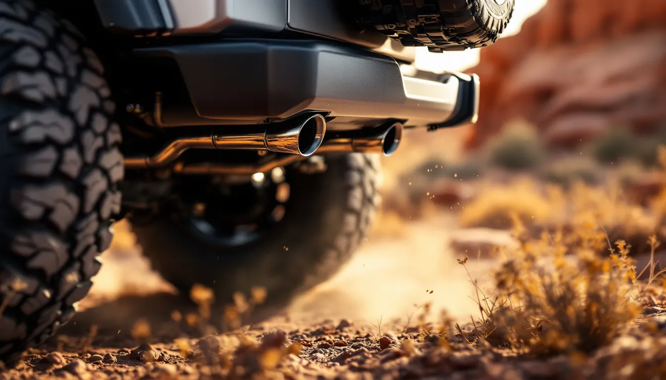 Stainless steel cat-back exhaust system with dual exit tips installed on silver Jeep JK Wrangler on desert trail