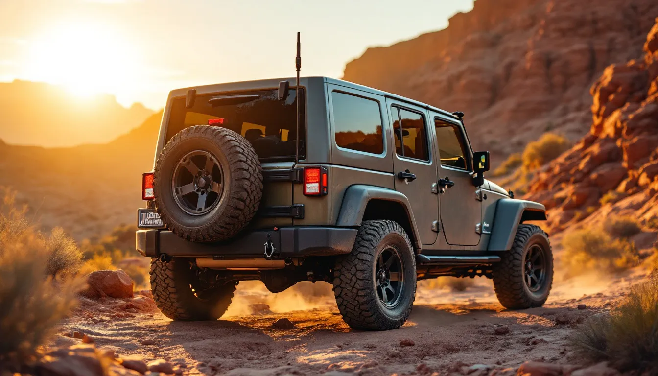 Jeep Wrangler JKU on a rocky trail with a CB whip antenna mounted on the rear steel bumper at golden hour