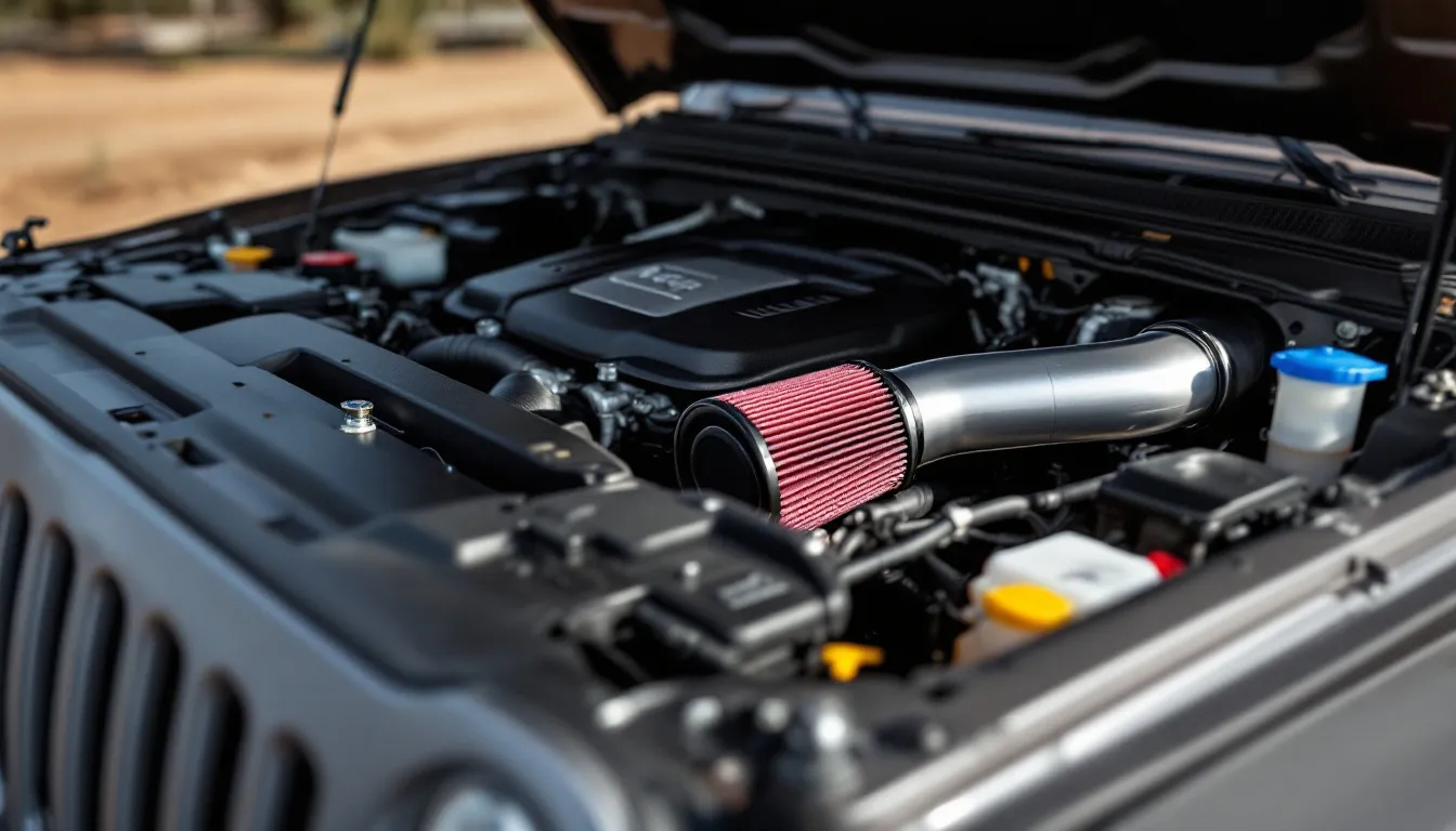 Aftermarket cold air intake system installed in Jeep JK Wrangler engine bay showing red high-flow air filter on 3.6L Pentastar engine